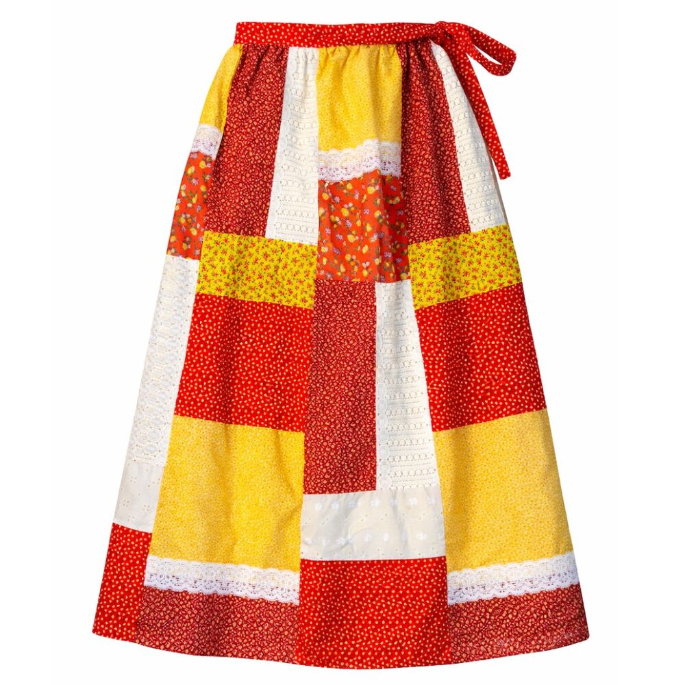 Handmade - True Vintage - Patchwork Prairie Wrap Skirt Red Yellow Boho - OS